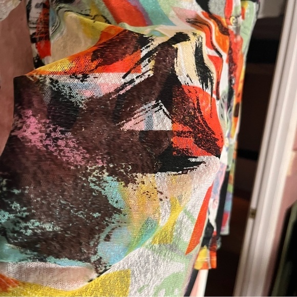 Ali Miles gauzy sheer artsy geometric button down colorful blouse LP - Picture 8 of 10